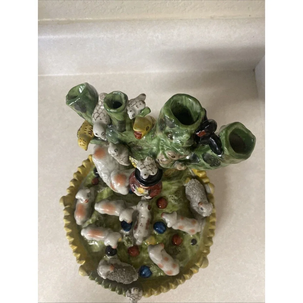 Vtg Staffordshire Style Spill Vase Shepherd, Sheepdog, Sheep, Birds, Tree 8.25